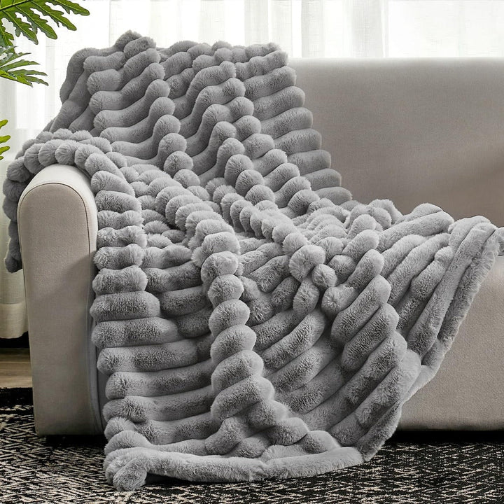 Plush Ribbed Throw Blanket - Striped Soft Blanket - All-Season Warm Throw