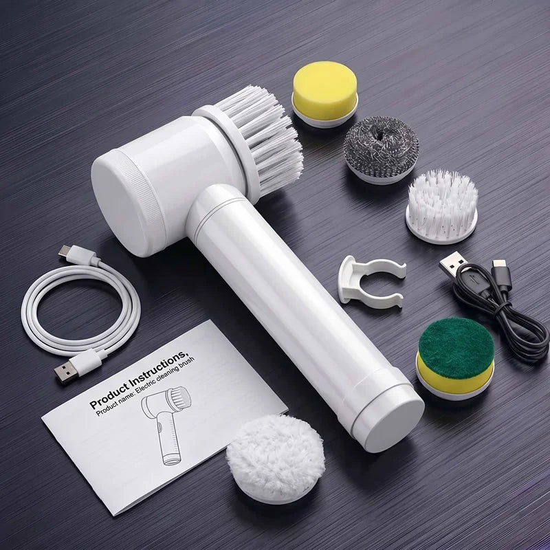 White cordless electric spin scrubber with five brush heads and USB charging cable