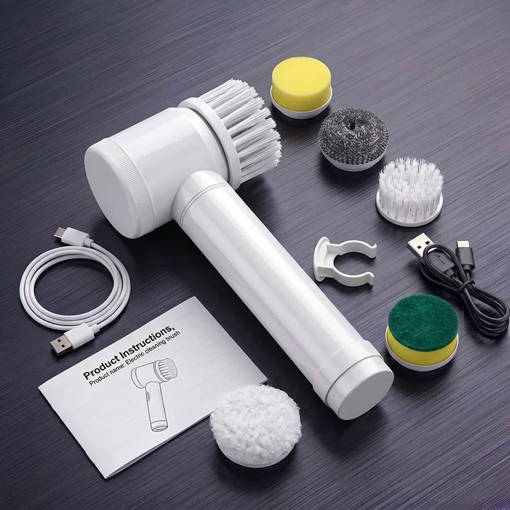 White cordless electric spin scrubber with five brush heads and USB charging cable