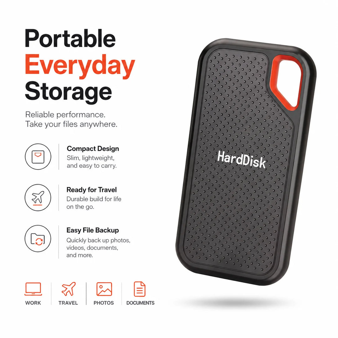 Black external storage drive with red loop detail
