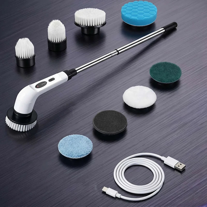 Extendable pole cordless electric spin scrubber with interchangeable heads and USB cable