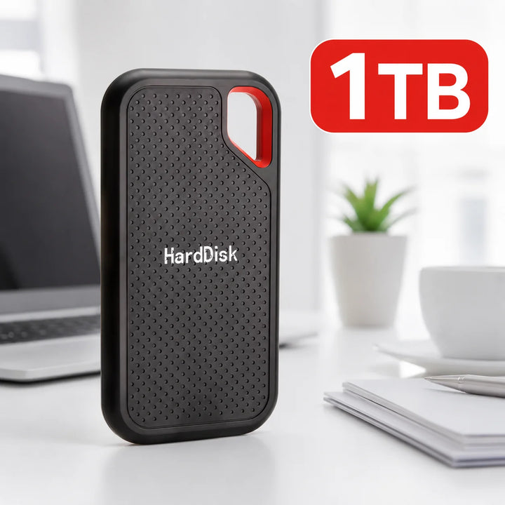 Black external storage drive with red loop detail
