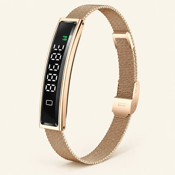 HT30 Gold Milan smart fitness bracelet on warm ivory background
