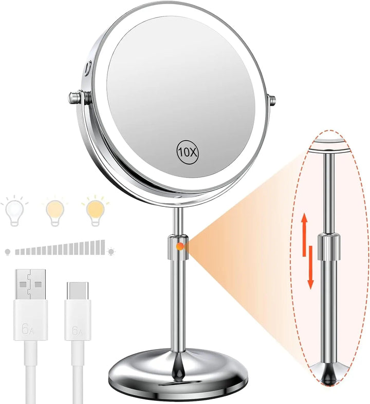 8 inch chrome lighted makeup mirror with adjustable height stand and USB Type-C charging cable