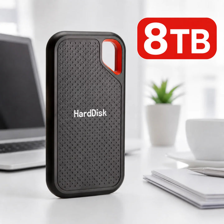 Black external storage drive with red loop detail