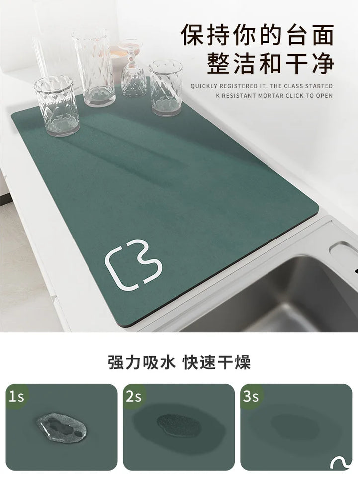 Quick-dry kitchen counter mat in a modern kitchen