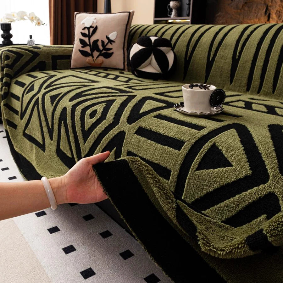 Bohemian jacquard sofa cover in Olive Green