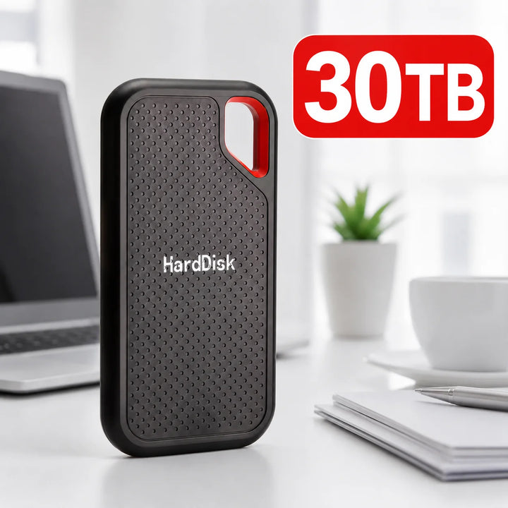 Black external storage drive with red loop detail