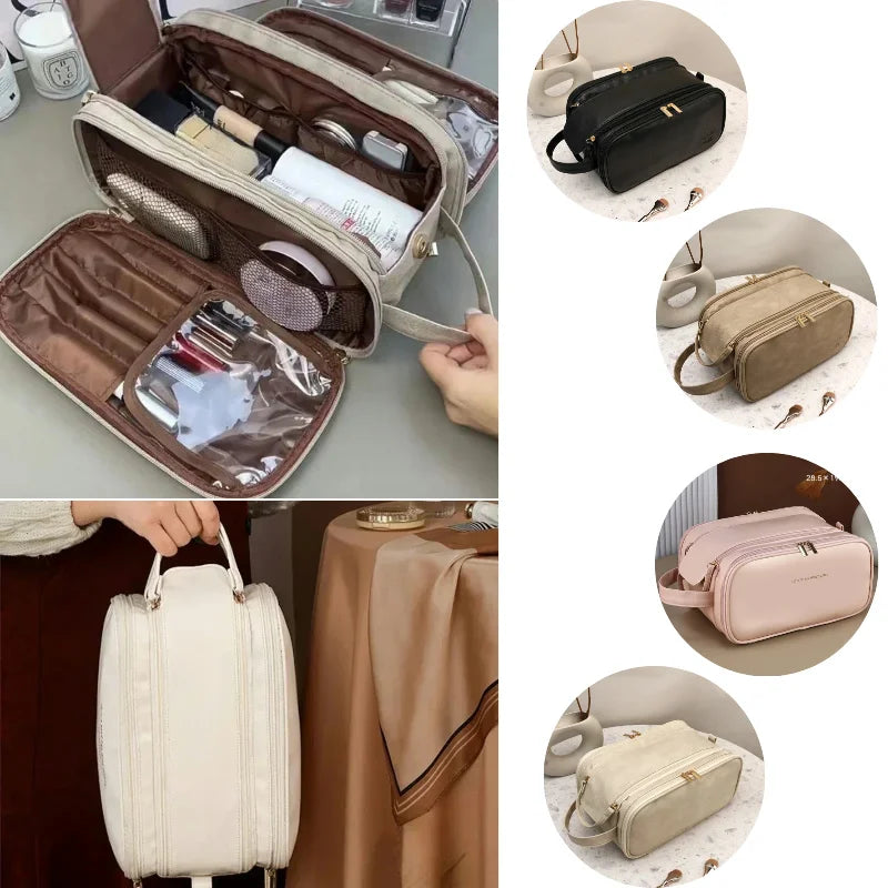 Travel makeup bag showing organizer compartments, carry handle, and four colors