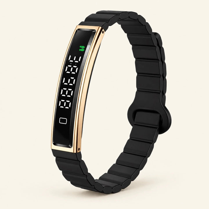 HT30 Gold smart fitness bracelet on warm ivory background