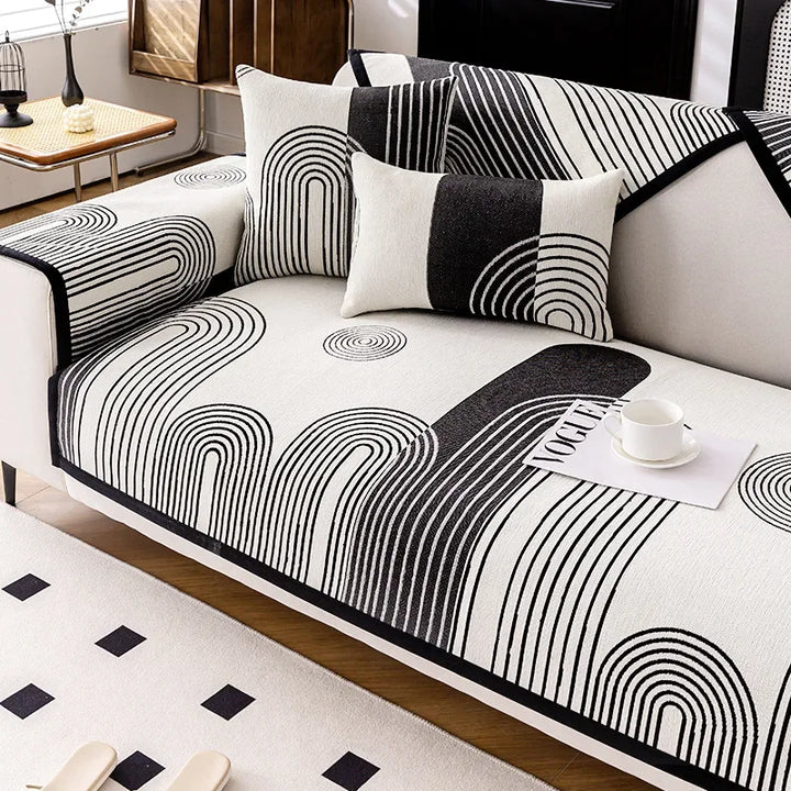 Geometric stripe sofa cover styled in a living room