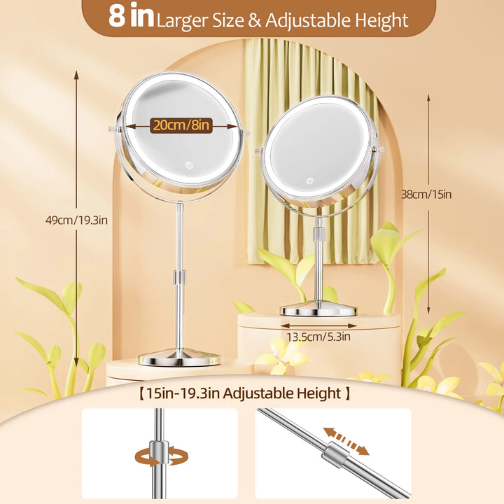 8 inch lighted makeup mirror dimensions and adjustable height range
