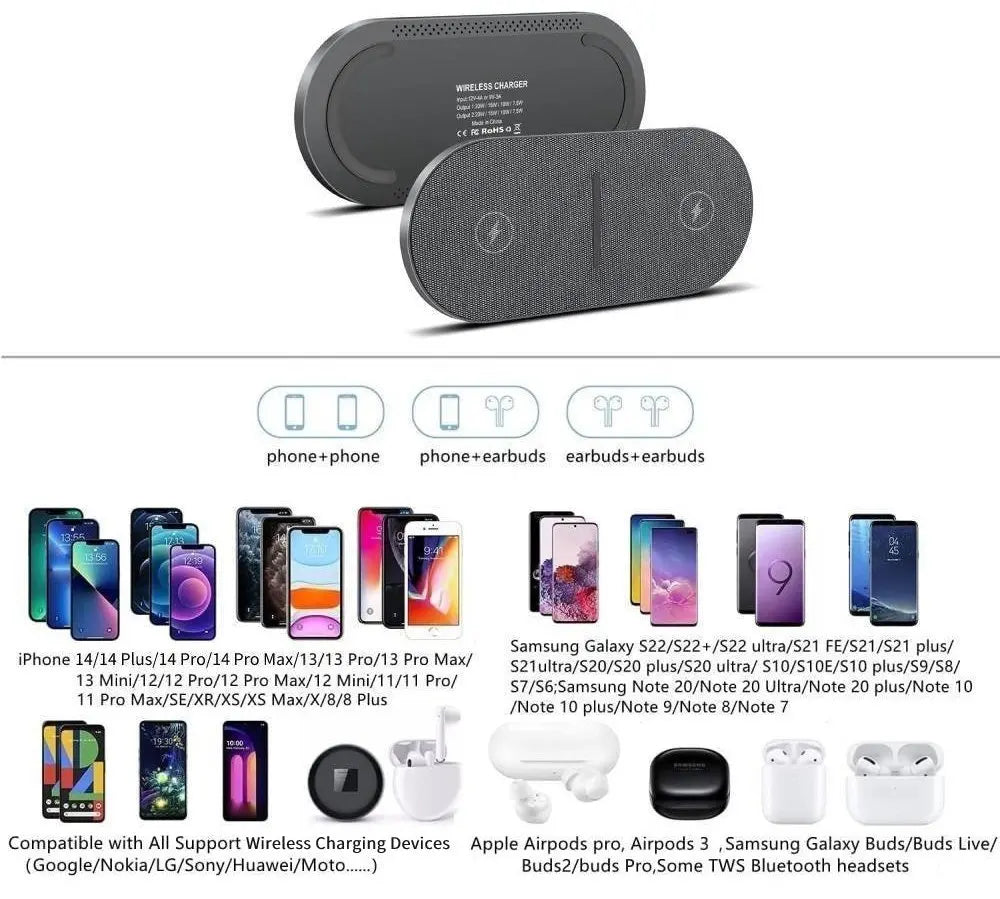 Dual wireless charging pad charging a phone and AirPods together