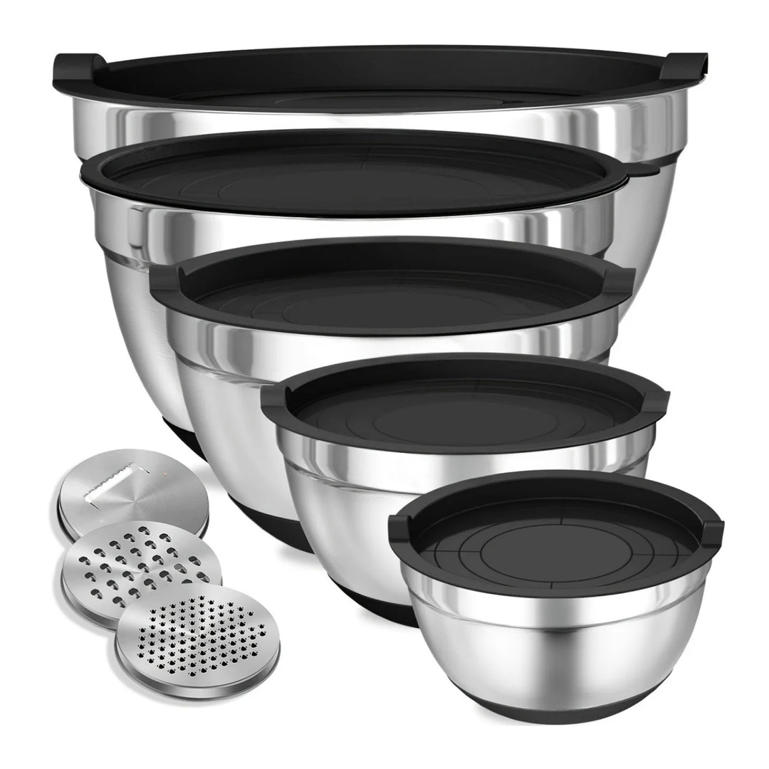 8-piece stainless steel mixing bowl set with black airtight lids
