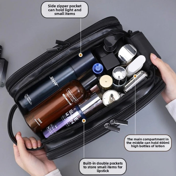 Black toiletry bag showing interior pockets and bottle storage