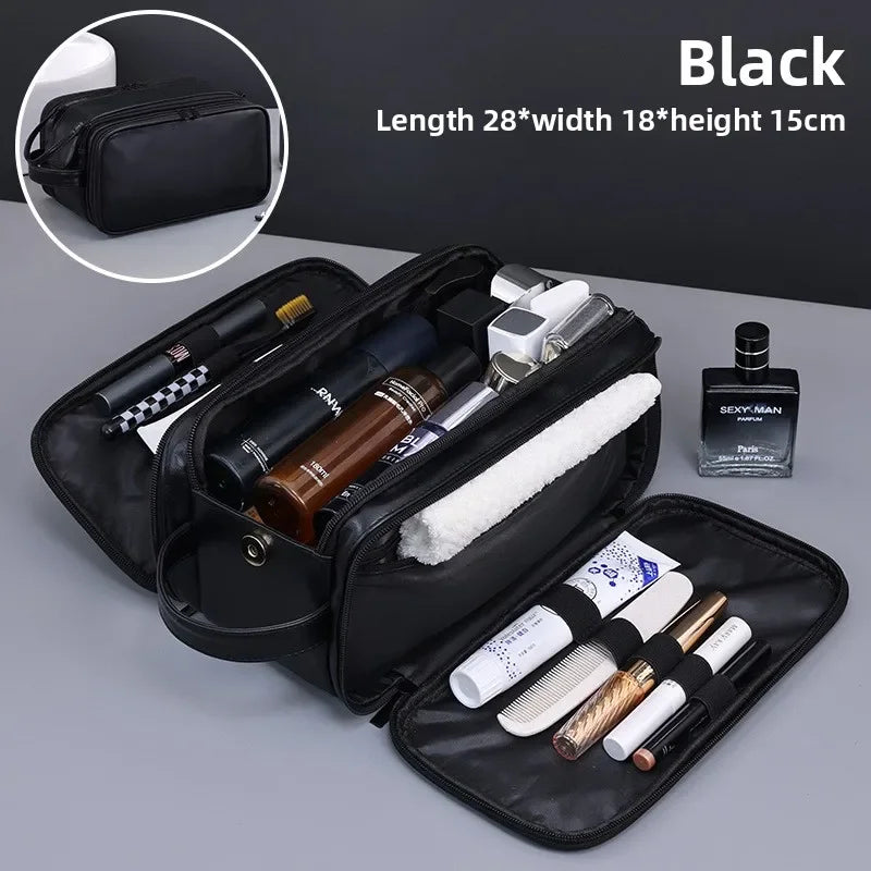 Black toiletry bag, 28 x 18 x 15 cm, with organizer compartments open