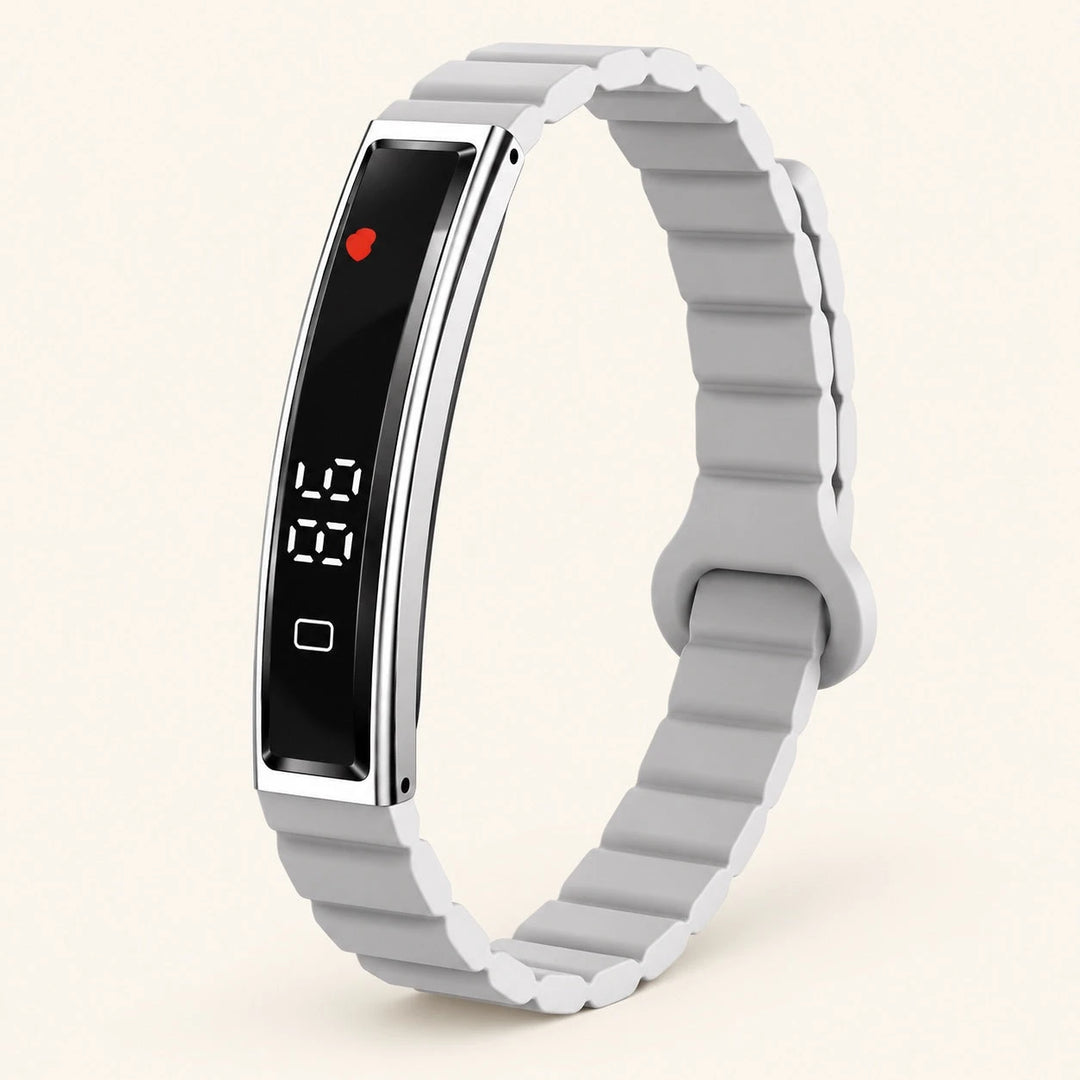 HT30 Silver smart fitness bracelet on warm ivory background