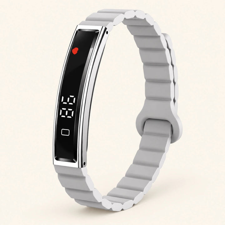 HT30 Silver smart fitness bracelet on warm ivory background