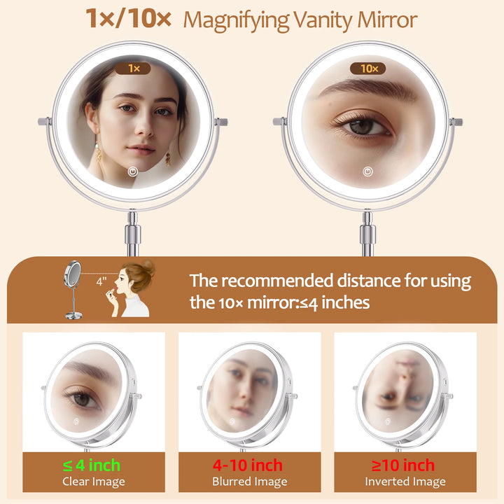 1X and 10X magnifying vanity mirror with recommended viewing distance