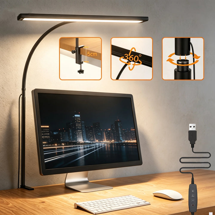 USB LED Desk Lamp with Clamp – Dimmable, Flexible Gooseneck