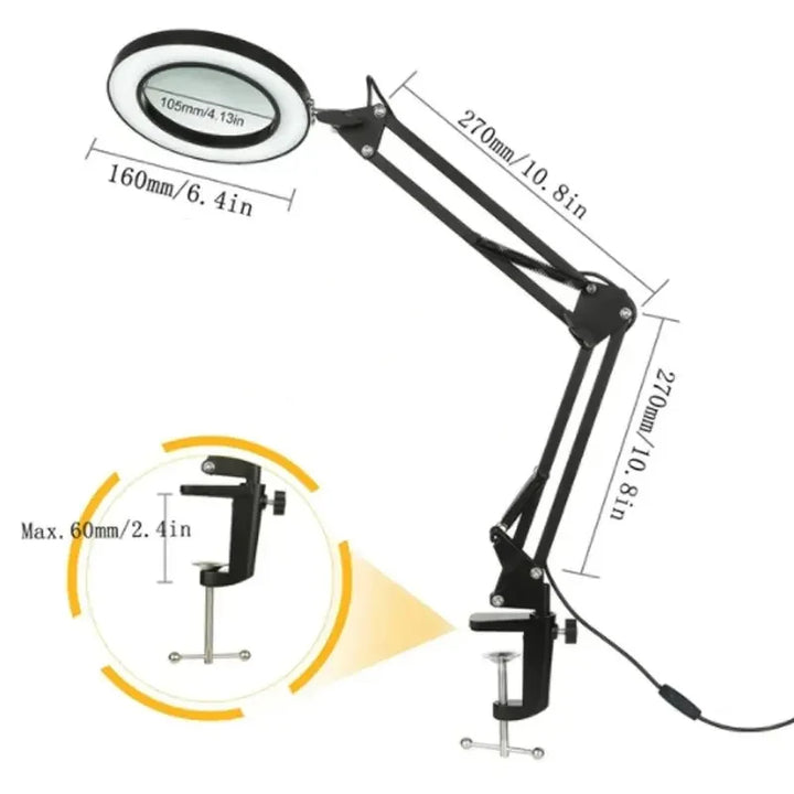 Black LED magnifying lamp with clamp and short swing arm