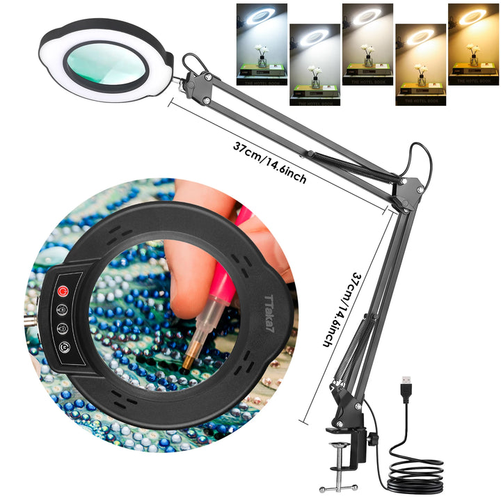 Black LED magnifying lamp with clamp and long swing arm