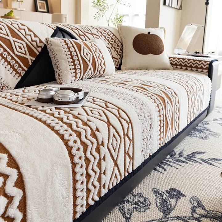 Coffee brown plush sofa cover protecting a couch