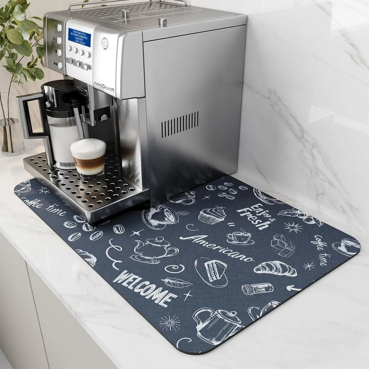 Navy coffee print absorbent coffee bar mat