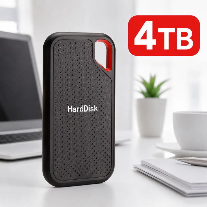 Black external storage drive with red loop detail