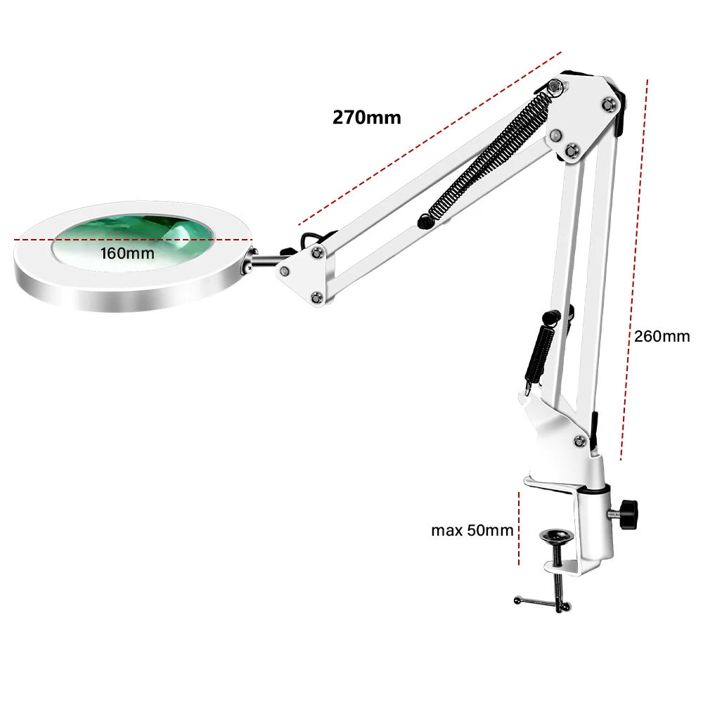 White LED magnifying lamp with clamp and short swing arm