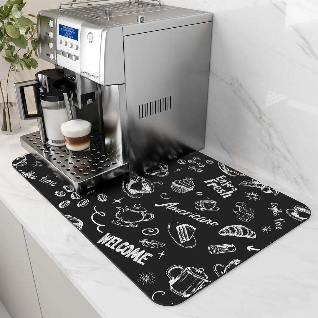 Black coffee print coffee maker mat on a counter