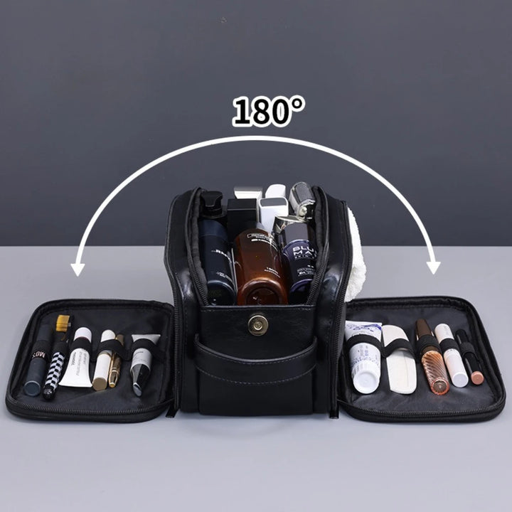 Black toiletry bag with both side compartments open flat