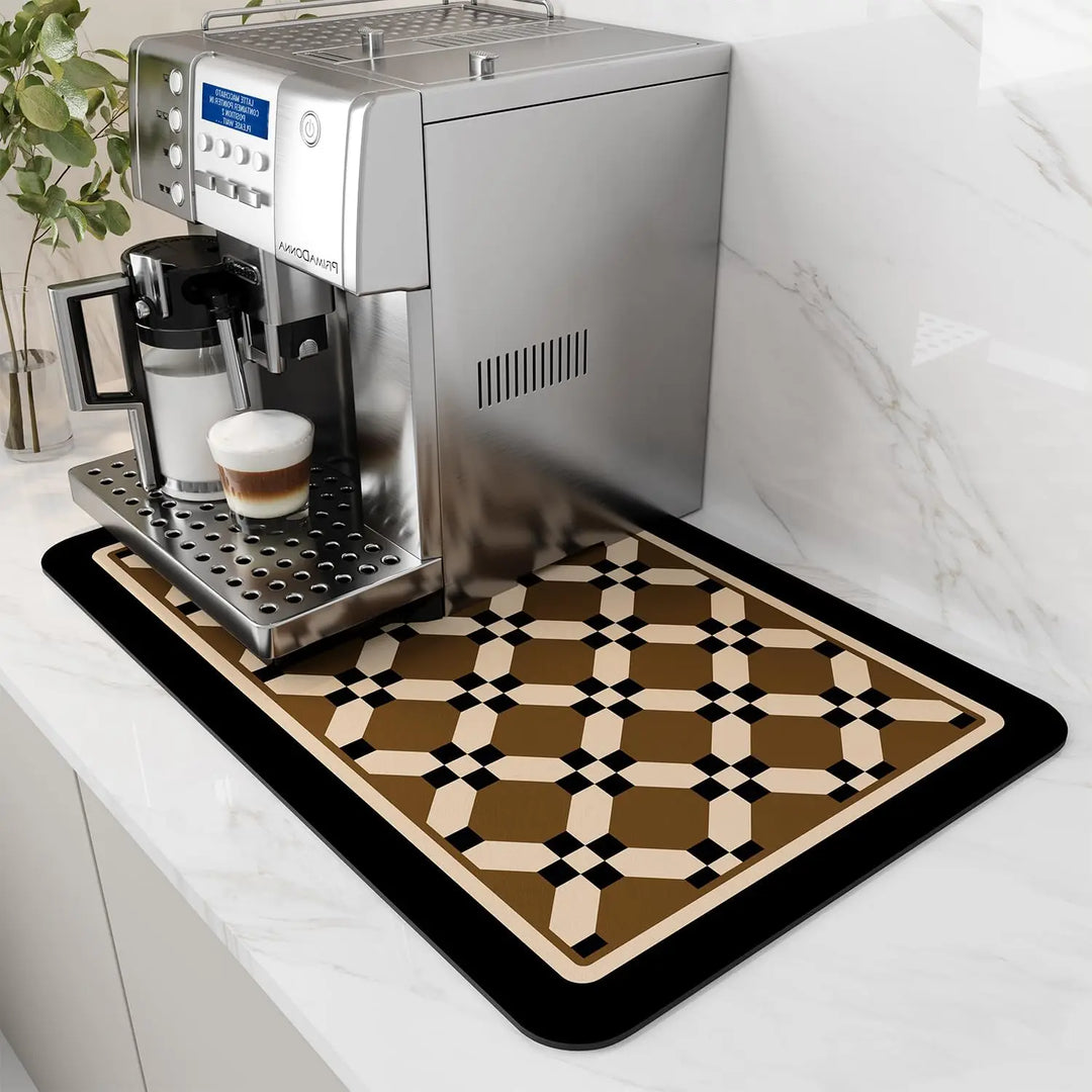 Brown mosaic tile pattern coffee mat with black border