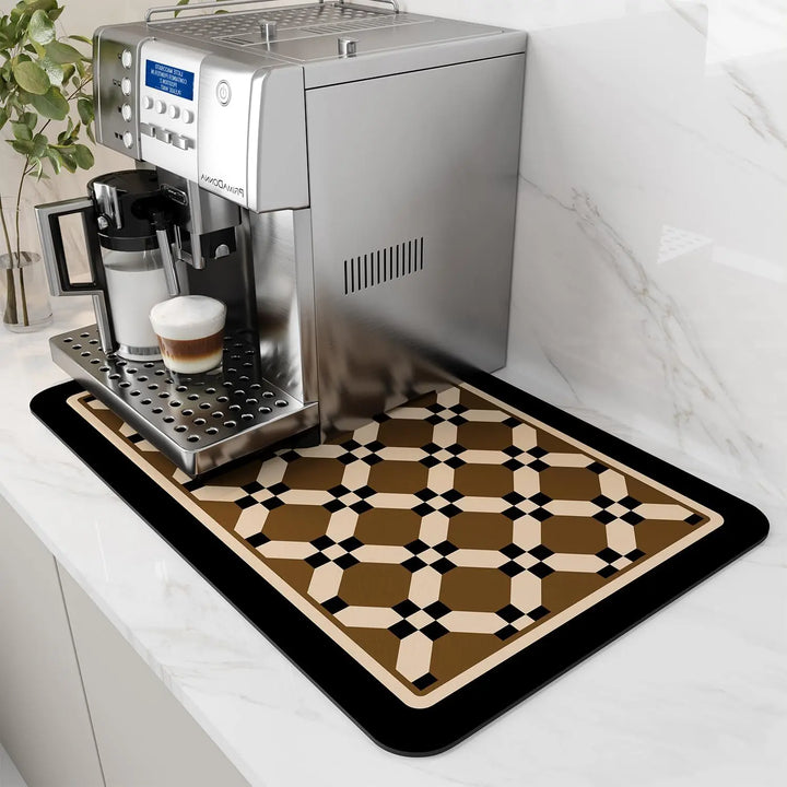Brown mosaic tile pattern coffee mat with black border