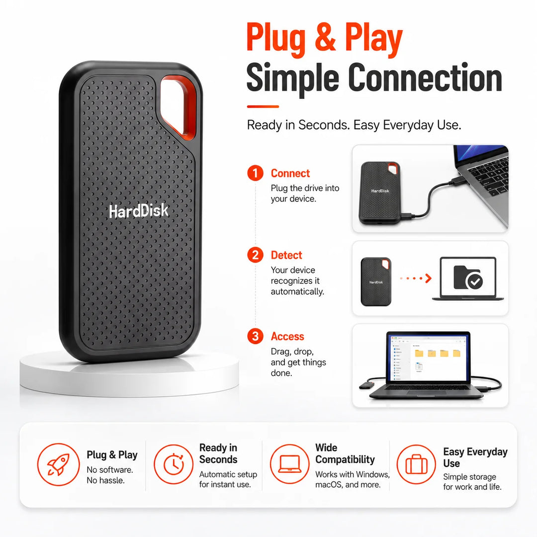 Black external storage drive with red loop detail