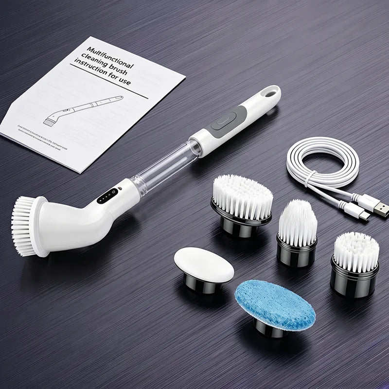 Long handle electric spin scrubber with clear handle tube, brush heads and USB cable