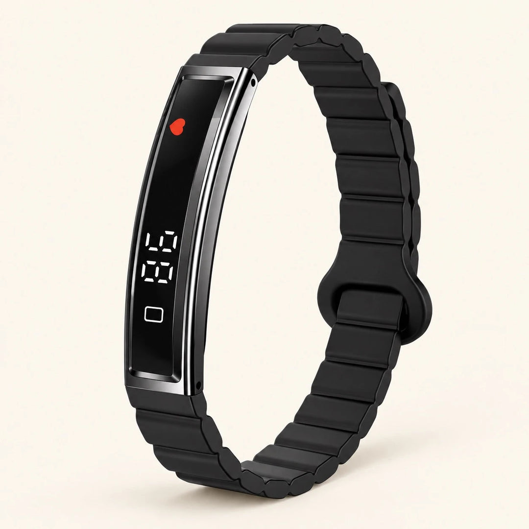 HT30 Black smart fitness bracelet on warm ivory background