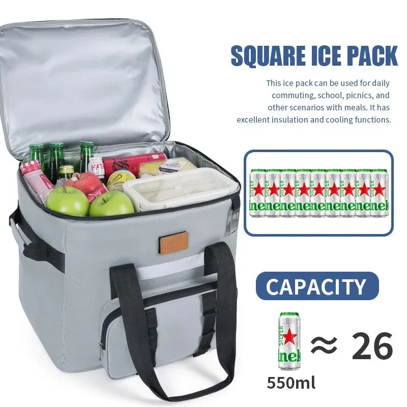 40L insulated cooler bag open with food and drinks