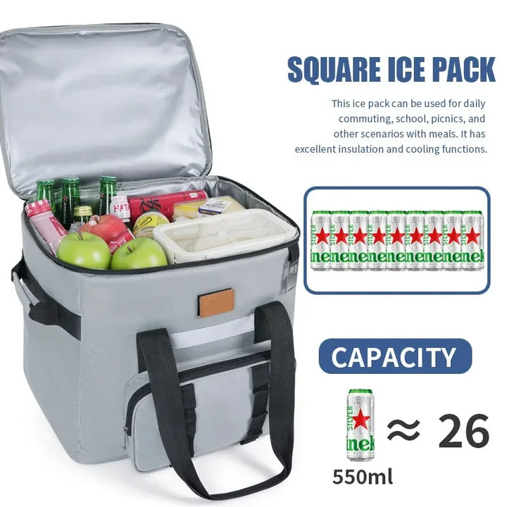 40L insulated cooler bag open with food and drinks
