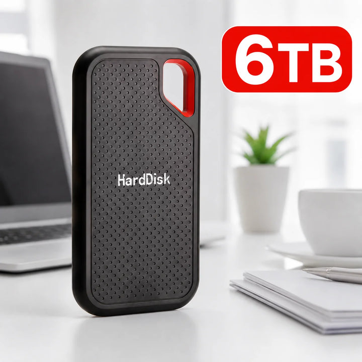 Black external storage drive with red loop detail
