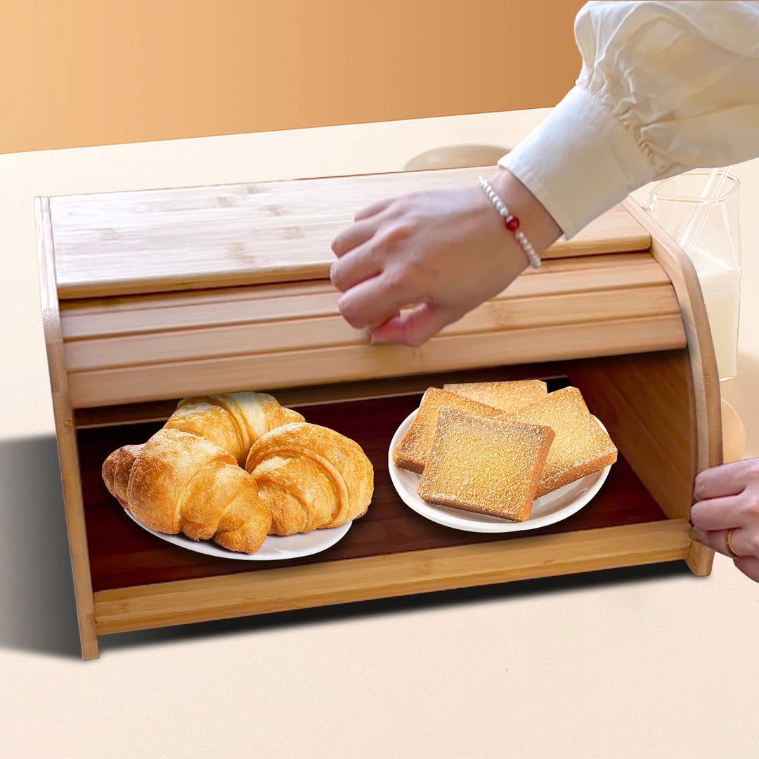 Farmhouse wooden bread bin natural bamboo grain