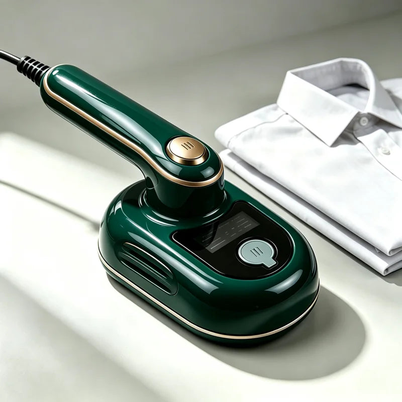 Green handheld steam iron for clothes next to a folded white shirt