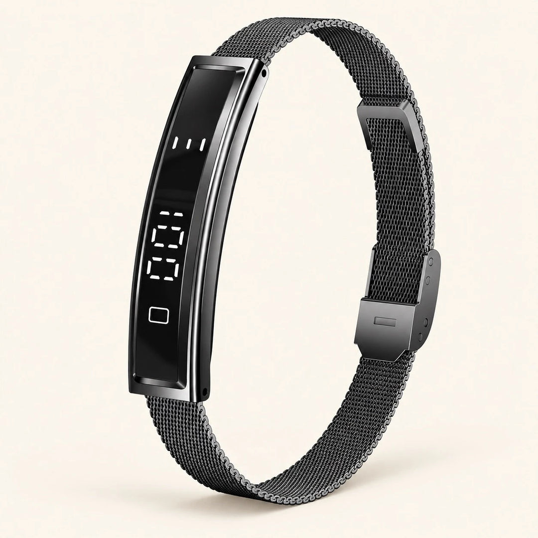 HT30 Black Milan smart fitness bracelet on warm ivory background