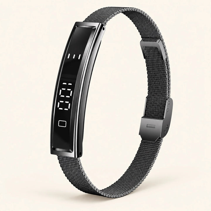 HT30 Black Milan smart fitness bracelet on warm ivory background