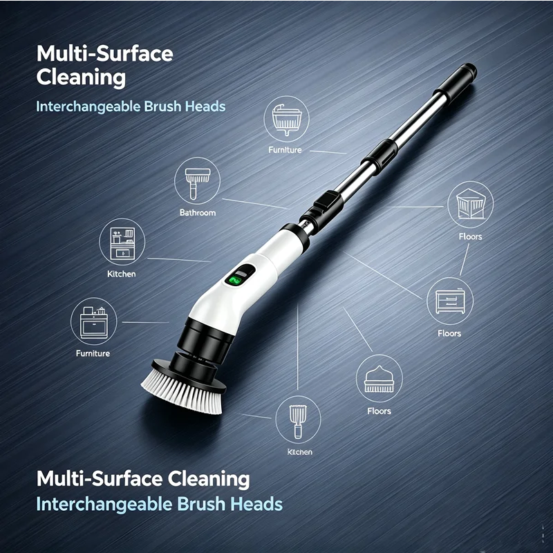 Long handle cordless spin scrubber with brush heads and instruction sheet