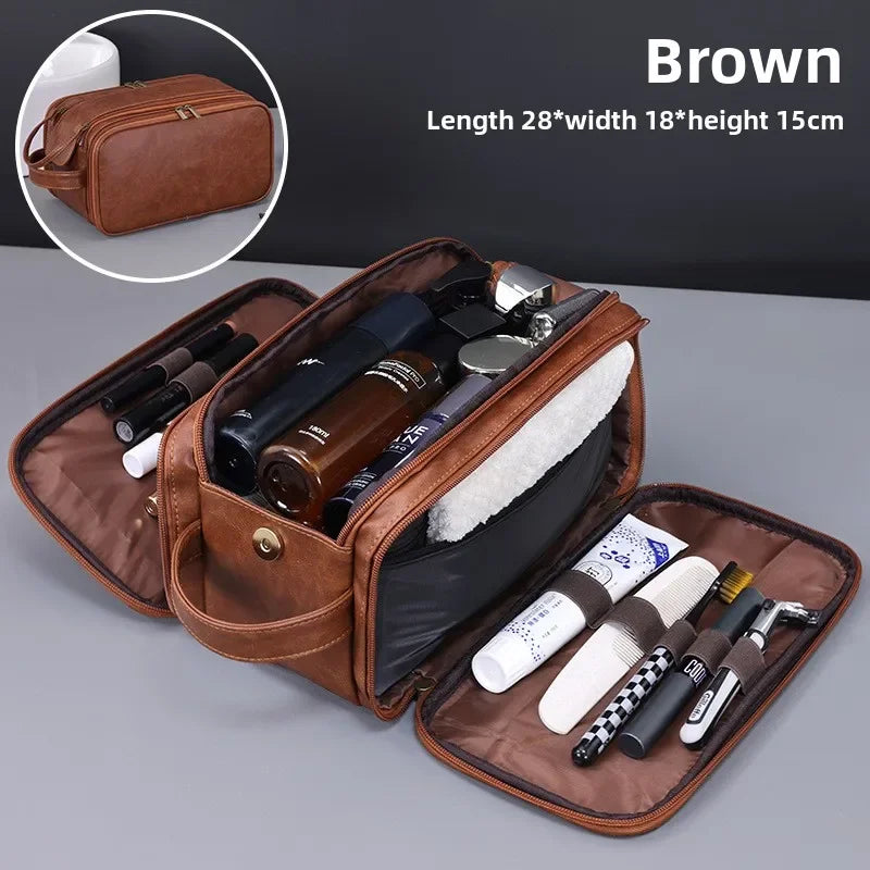 Brown toiletry bag, 28 x 18 x 15 cm, with organizer compartments open