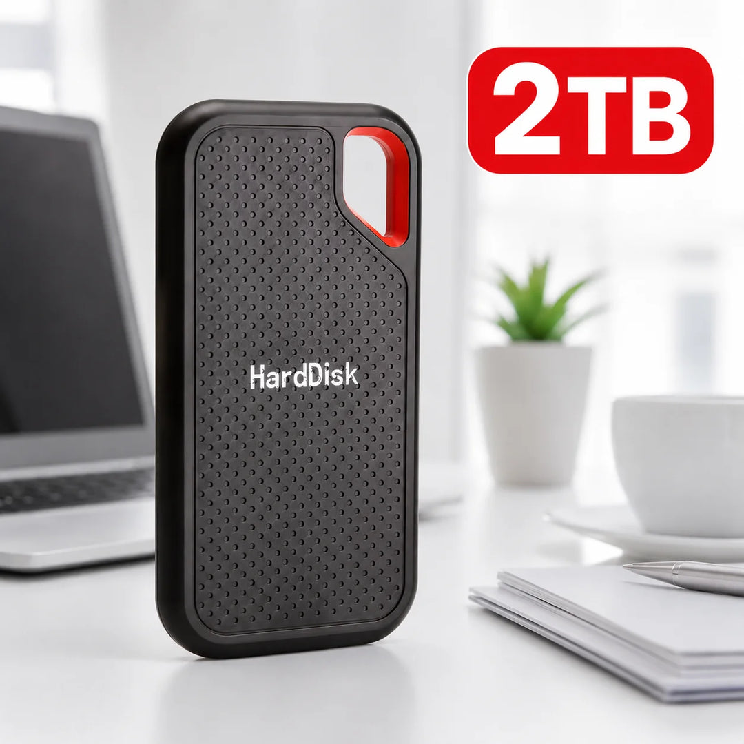 Black external storage drive with red loop detail