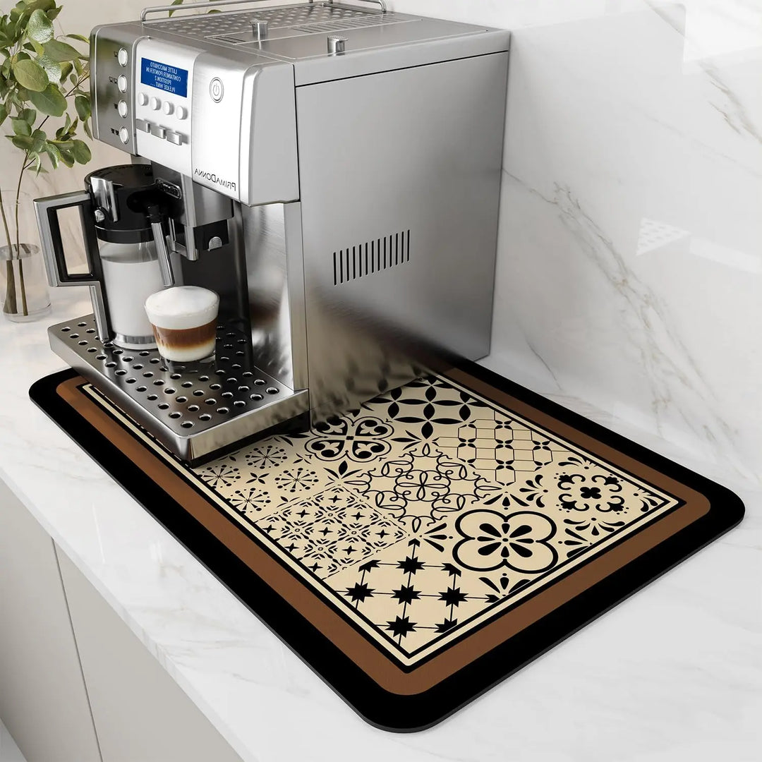 Beige tile pattern coffee bar mat with black border