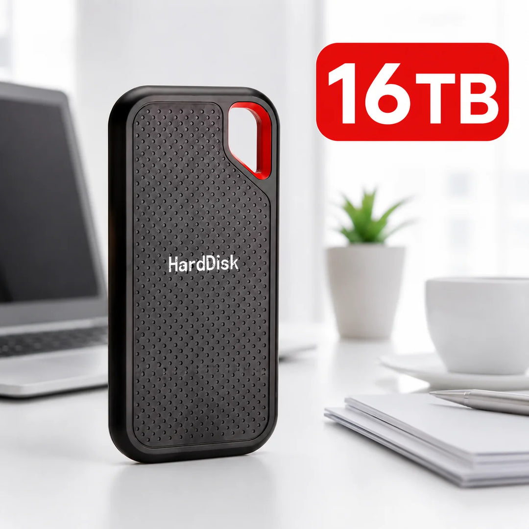 Black external storage drive with red loop detail