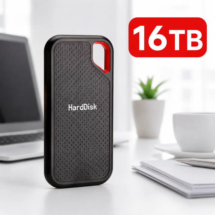 Black external storage drive with red loop detail